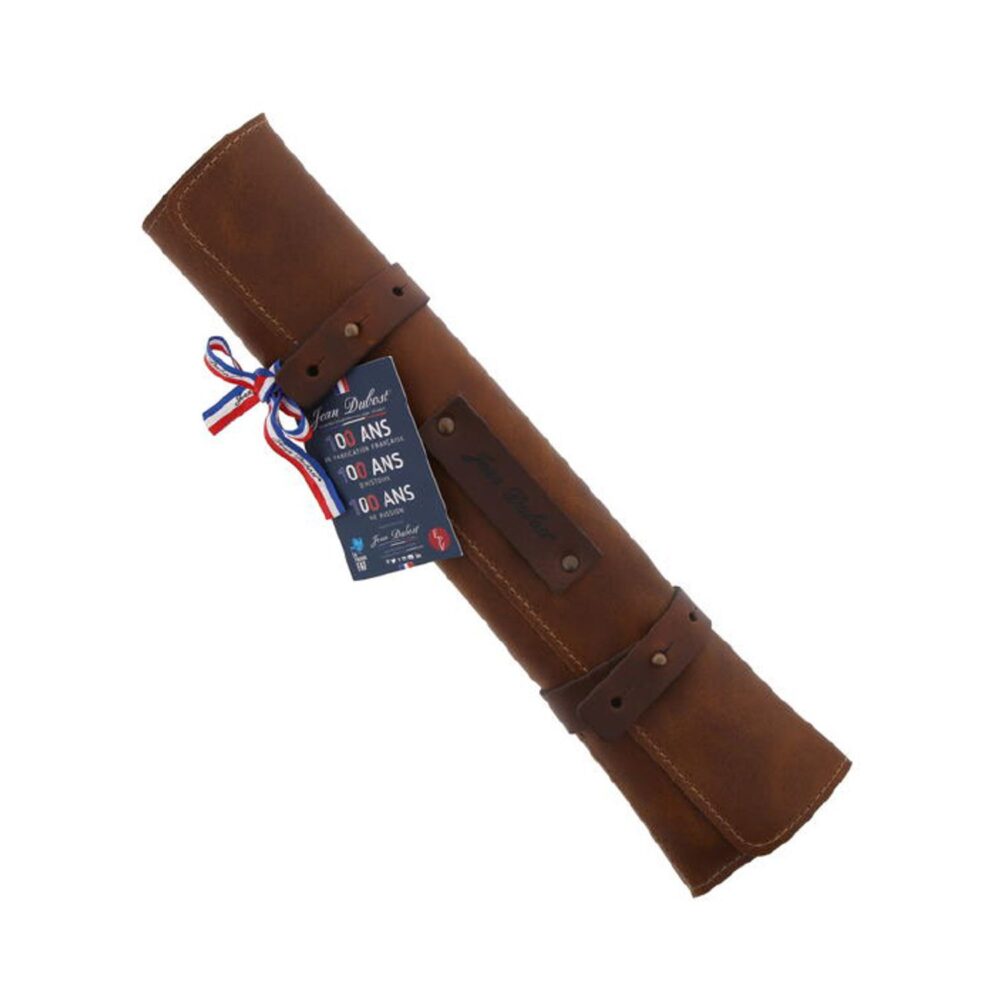 Jean Dubost Laguiole 6-Piece Steak Knife Set, 1.2 mm Plain Blade, Olivewood Handles, in Leather Bag - Image 3